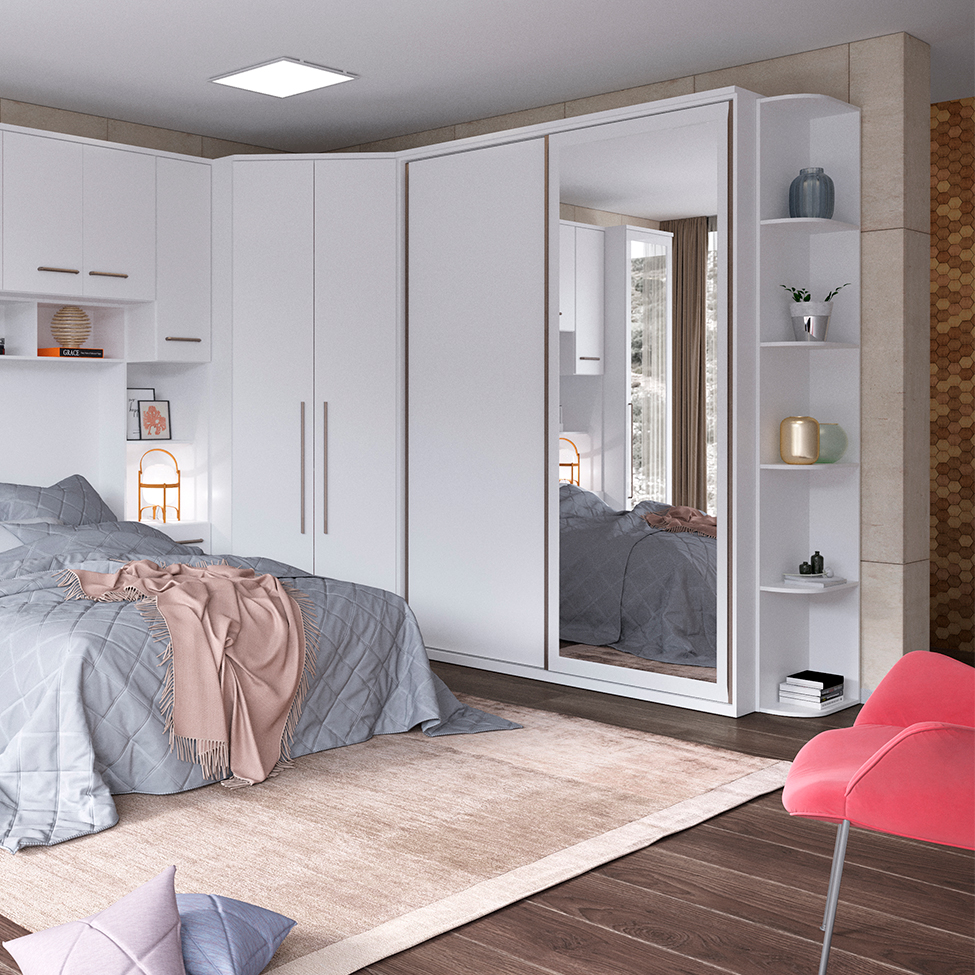 Guarda-Roupa Casal com Espelho Milão I 2 Portas 3 Gavetas Branco