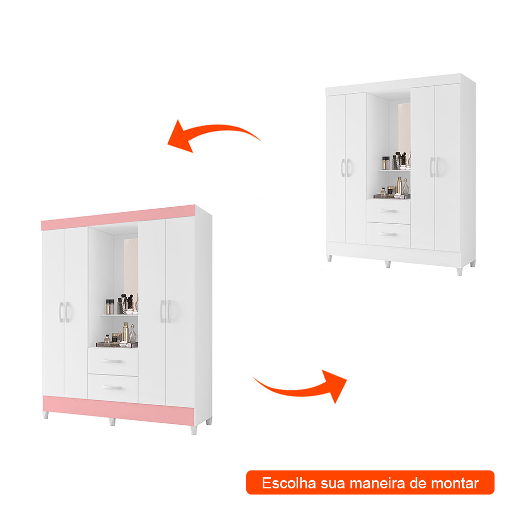 Guarda-Roupa Casal com Espelho Mobi Flex 4 Portas 2 Gavetas Branco