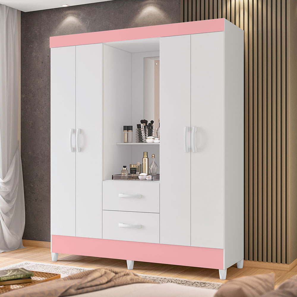 Guarda-Roupa Casal com Espelho Mobi Flex 4 Portas 2 Gavetas Branco