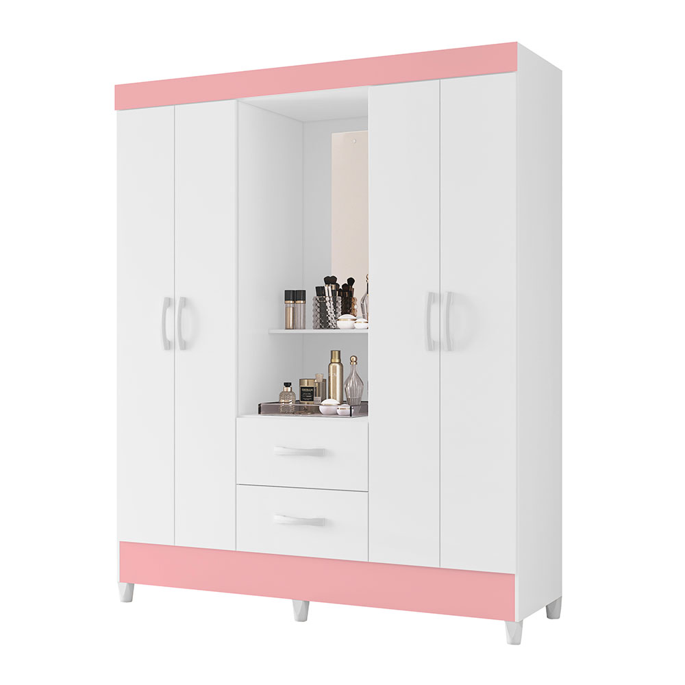 Guarda-Roupa Casal com Espelho Mobi Flex 4 Portas 2 Gavetas Branco