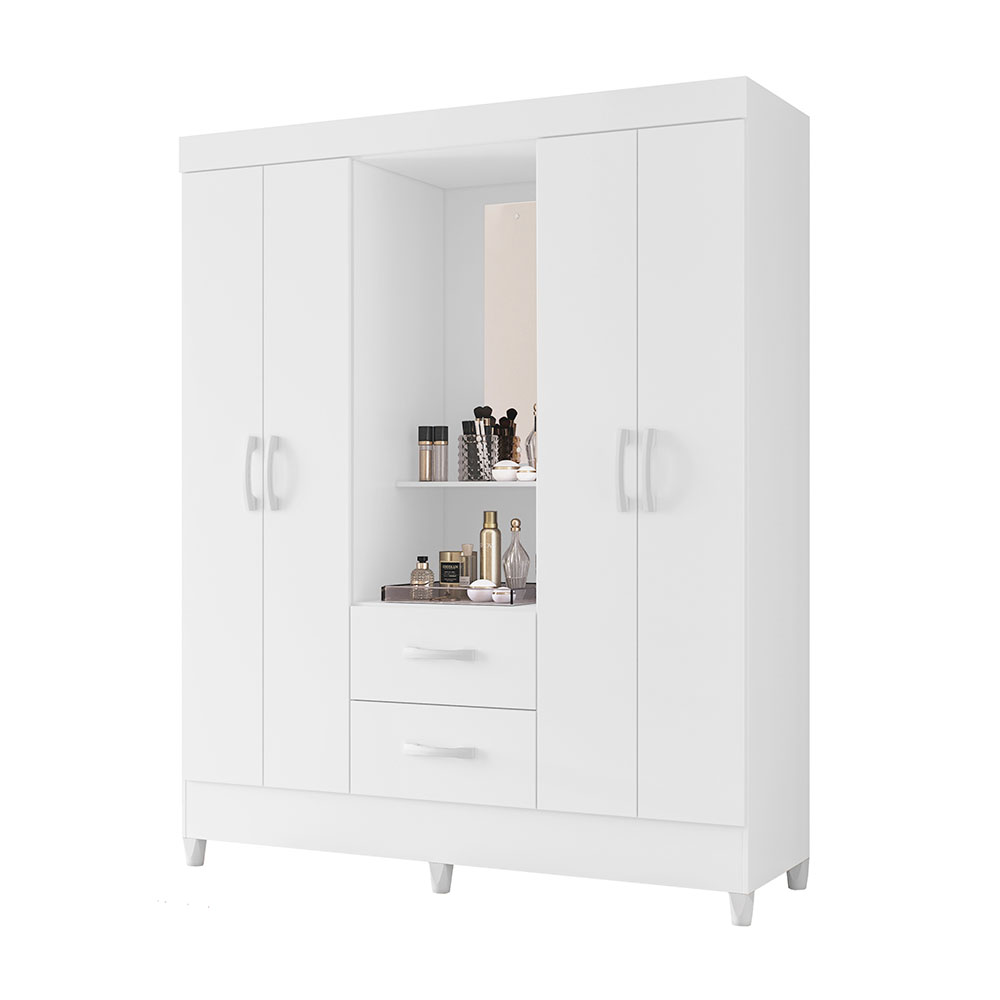 Guarda-Roupa Casal com Espelho Mobi Flex 4 Portas 2 Gavetas Branco