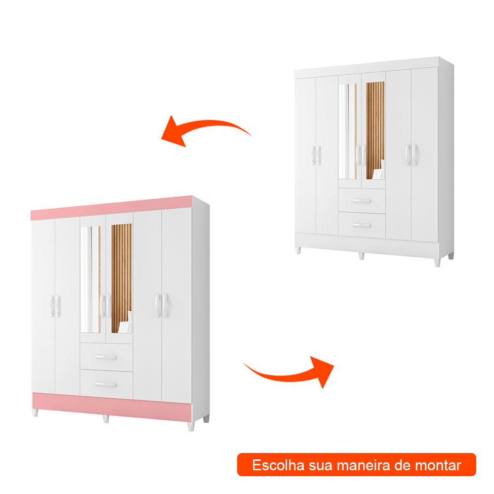 Guarda-Roupa Casal com Espelho Mobi Flex 6 Portas 2 Gavetas Branco