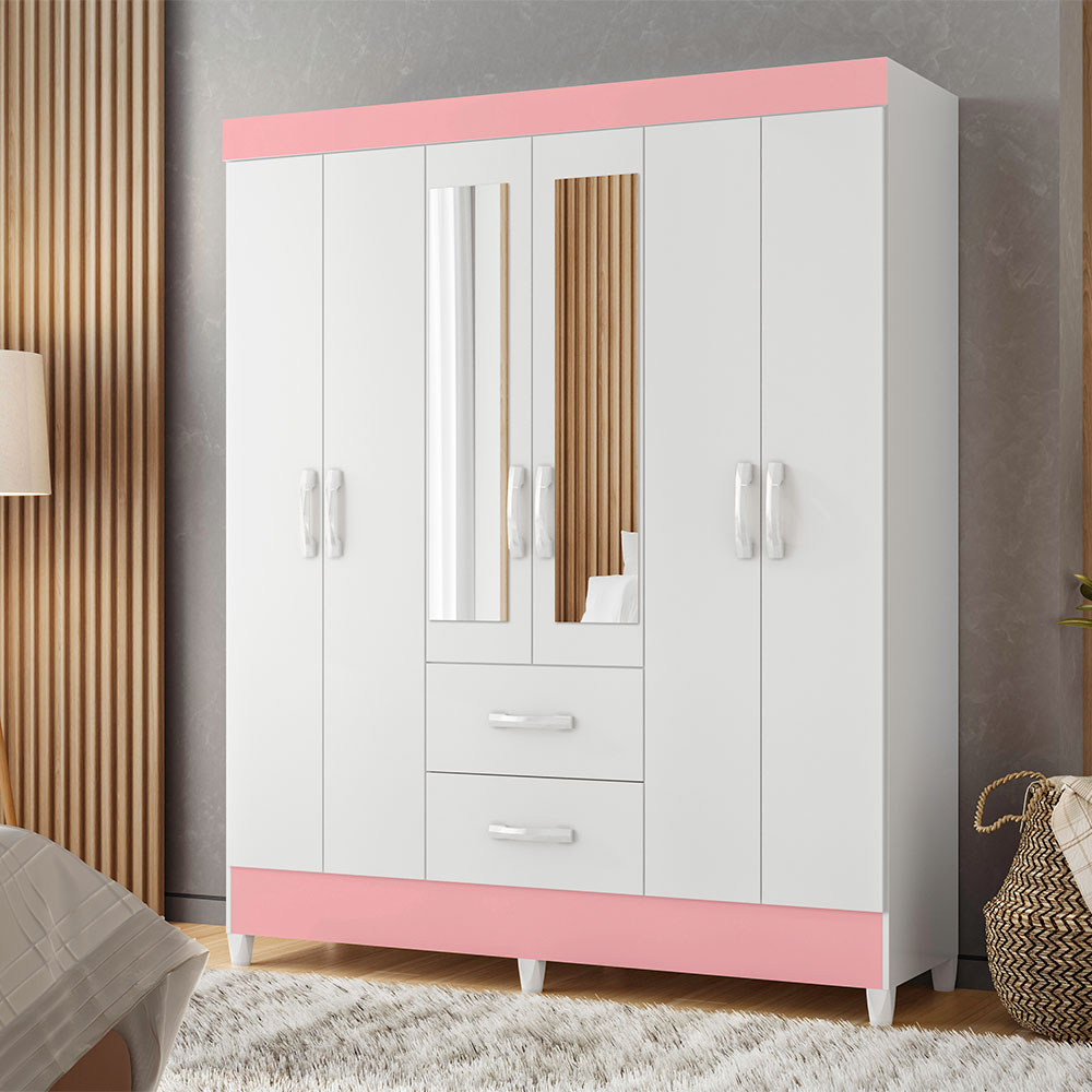Guarda-Roupa Casal com Espelho Mobi Flex 6 Portas 2 Gavetas Branco