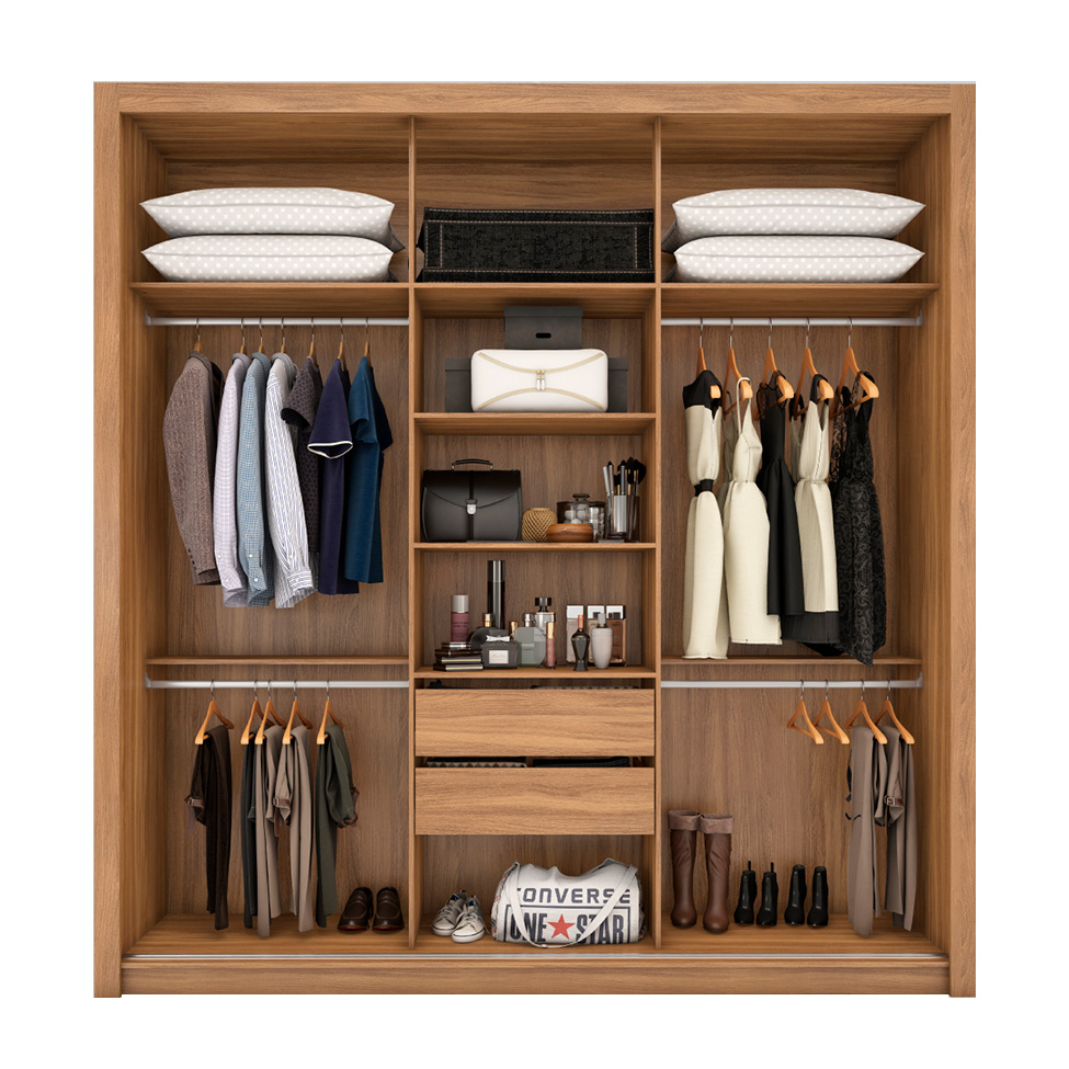 Guarda-Roupa Casal com Espelho Moema Flex 3 Portas 2 Gavetas Amêndola