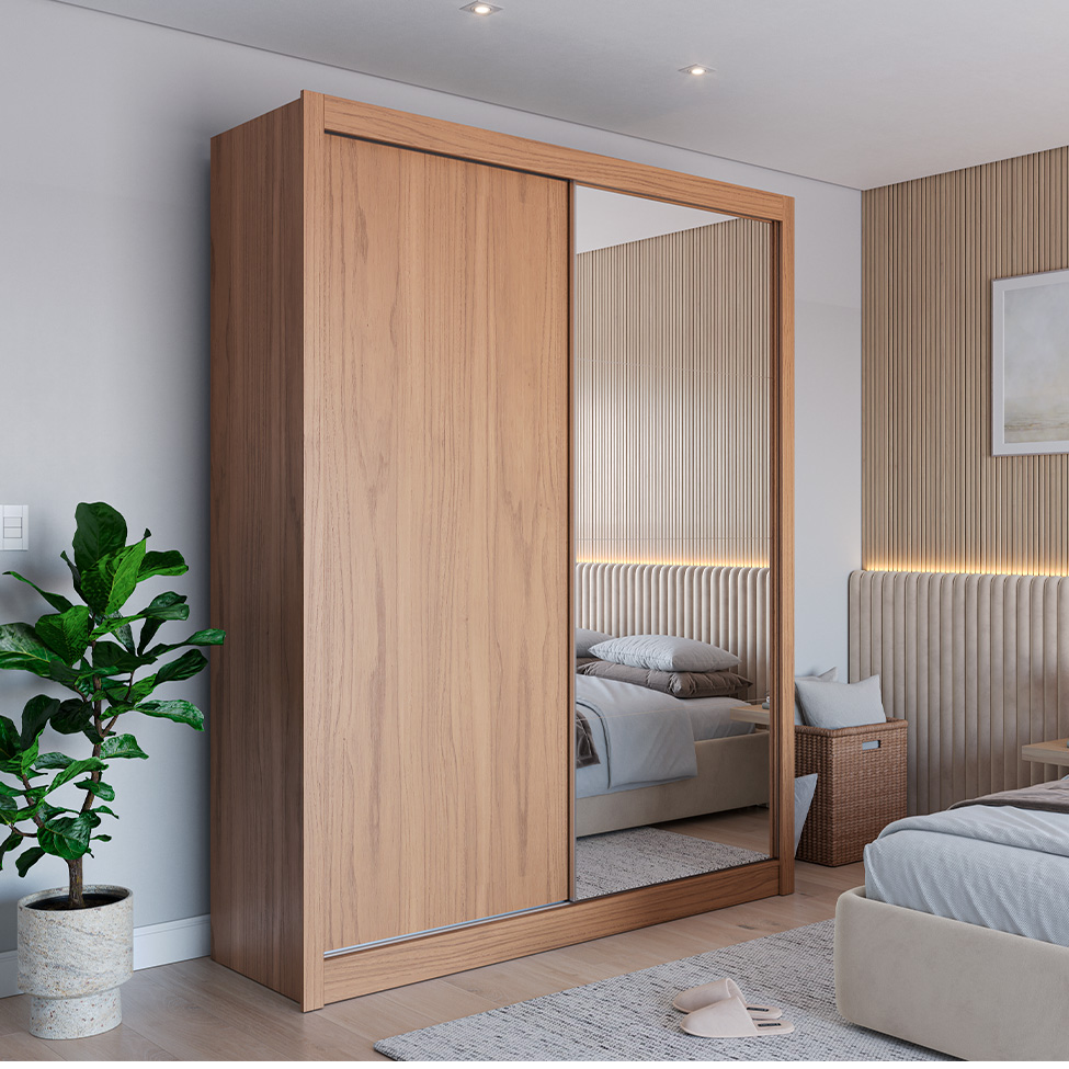 Guarda-Roupa Casal com Espelho Montclair Flex 2 Portas 4 Gavetas Canela e Off White