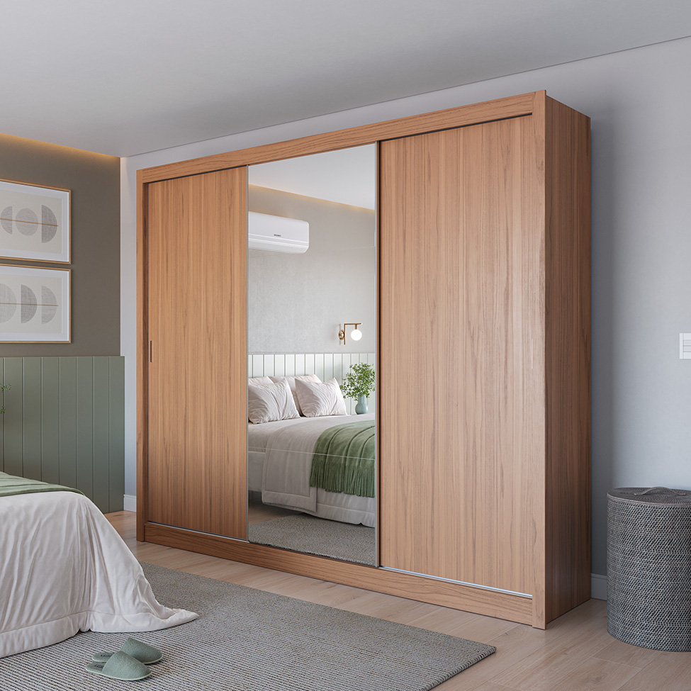 Guarda-Roupa Casal com Espelho Montclair Flex 3 Portas 6 Gavetas Canela e Off White