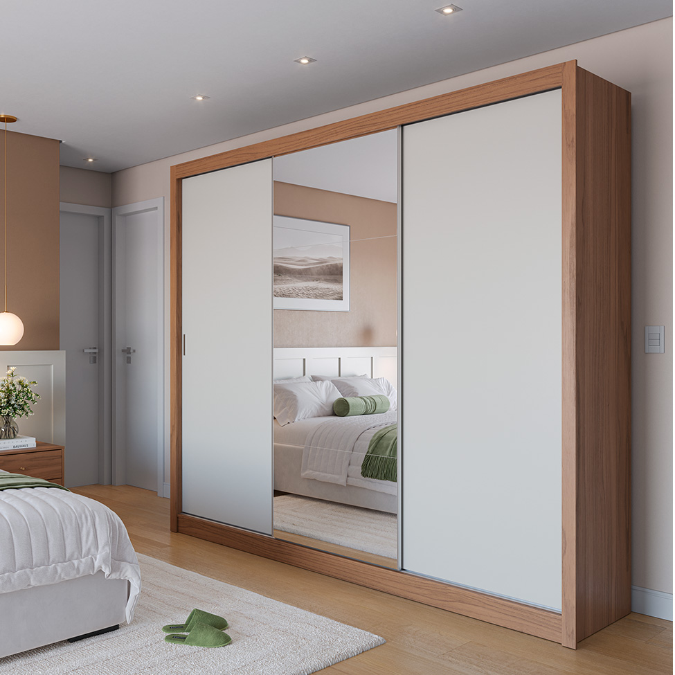 Guarda-Roupa Casal com Espelho Montclair Flex 3 Portas 6 Gavetas Canela e Off White