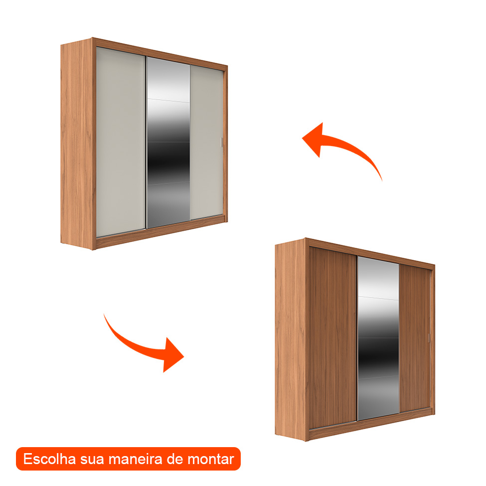 Guarda-Roupa Casal com Espelho Montclair Flex 3 Portas 6 Gavetas Canela e Off White