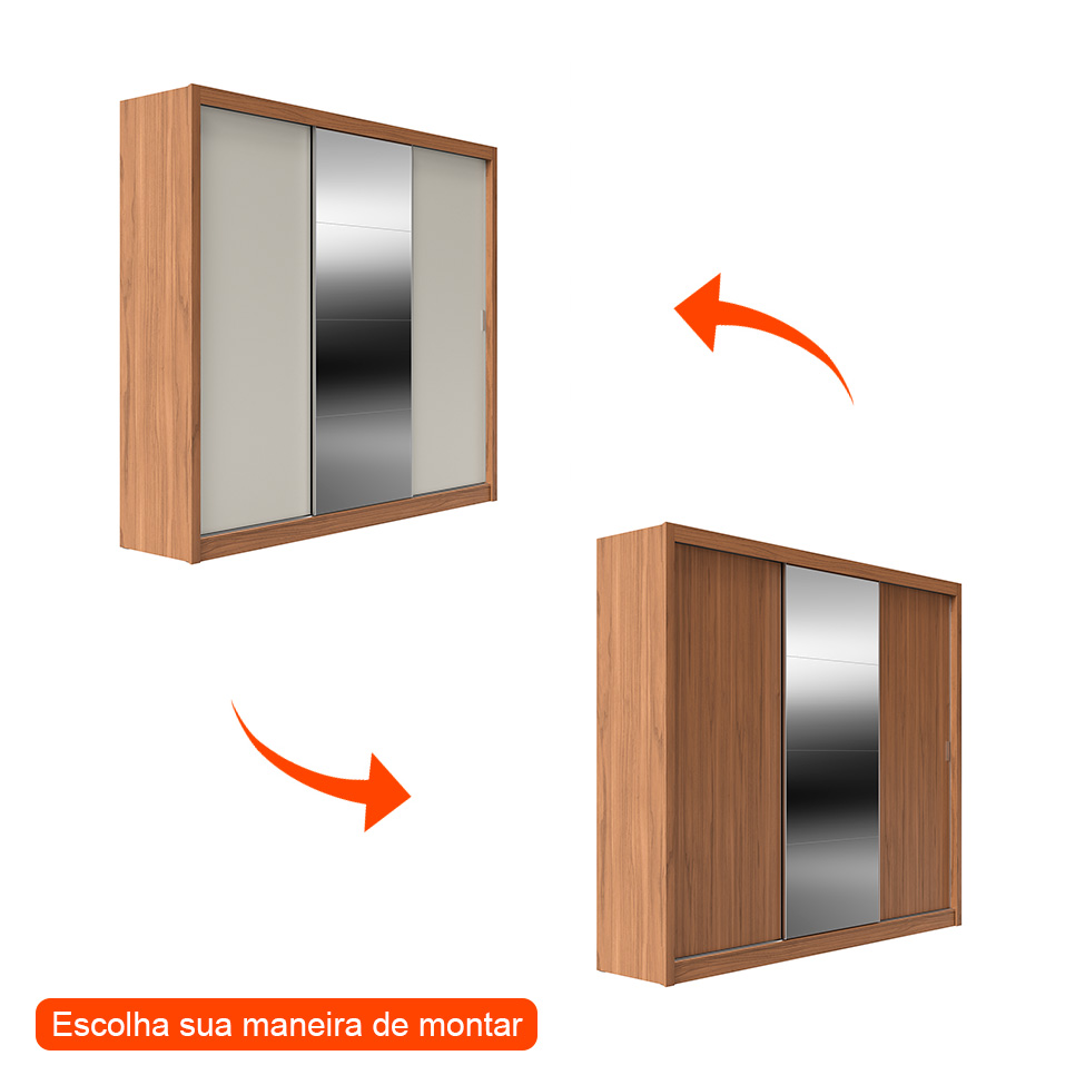 Guarda-Roupa Casal com Espelho Montclair Flex 3 Portas 8 Gavetas Canela e Off White