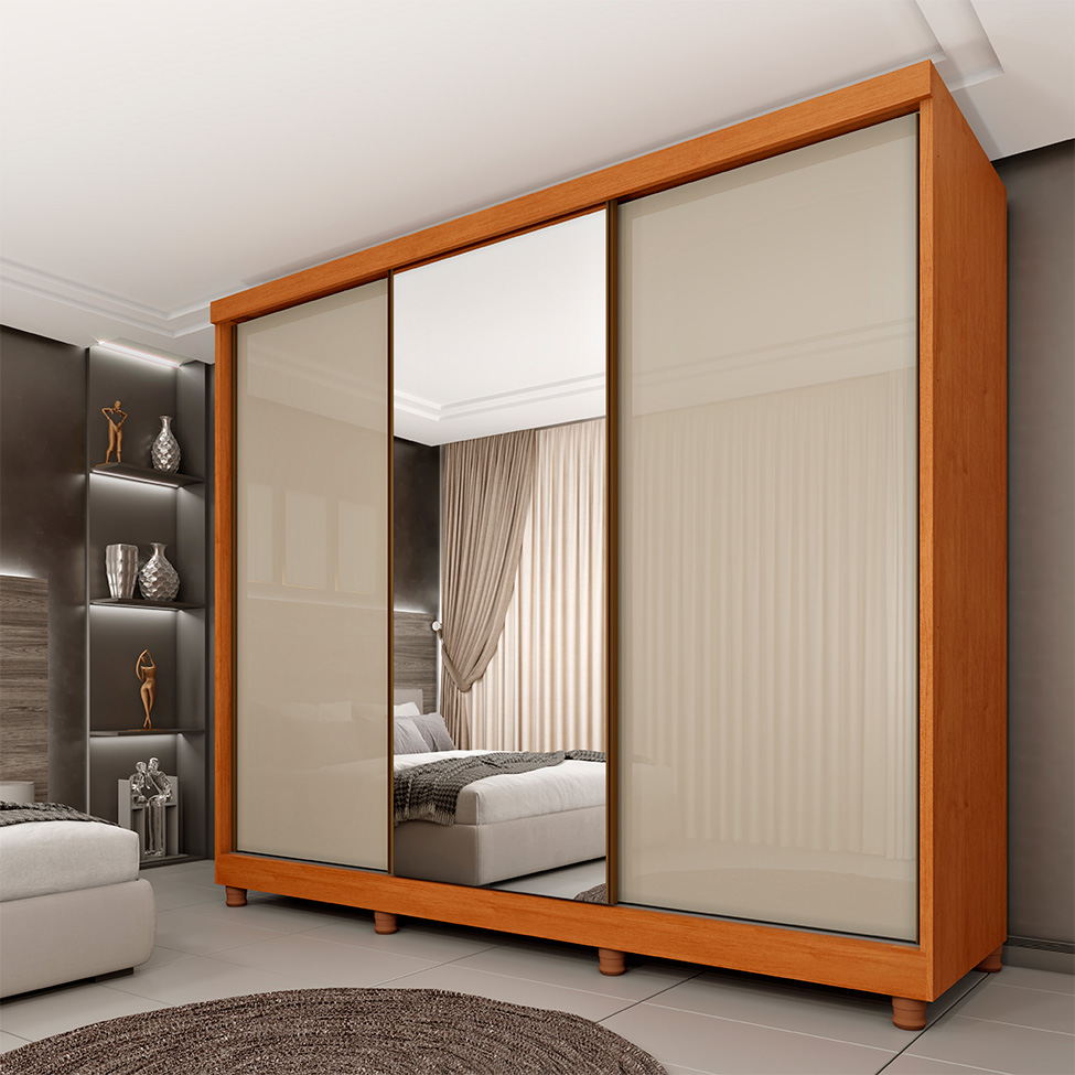 Guarda-Roupa Casal com Espelho Monte Carlo Flex com Pés 3 Portas 6 Gavetas Neve
