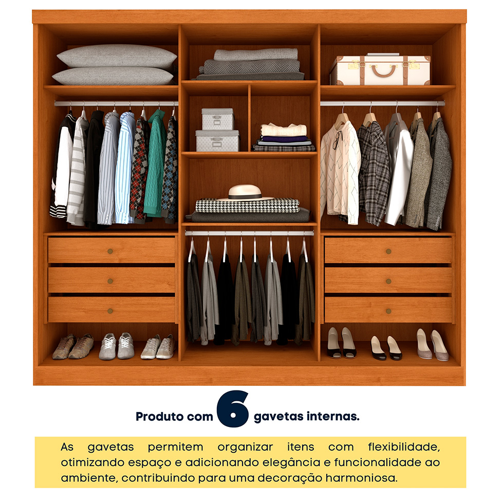 Guarda-Roupa Casal com Espelho Monte Carlo Flex com Pés 3 Portas 6 Gavetas Neve