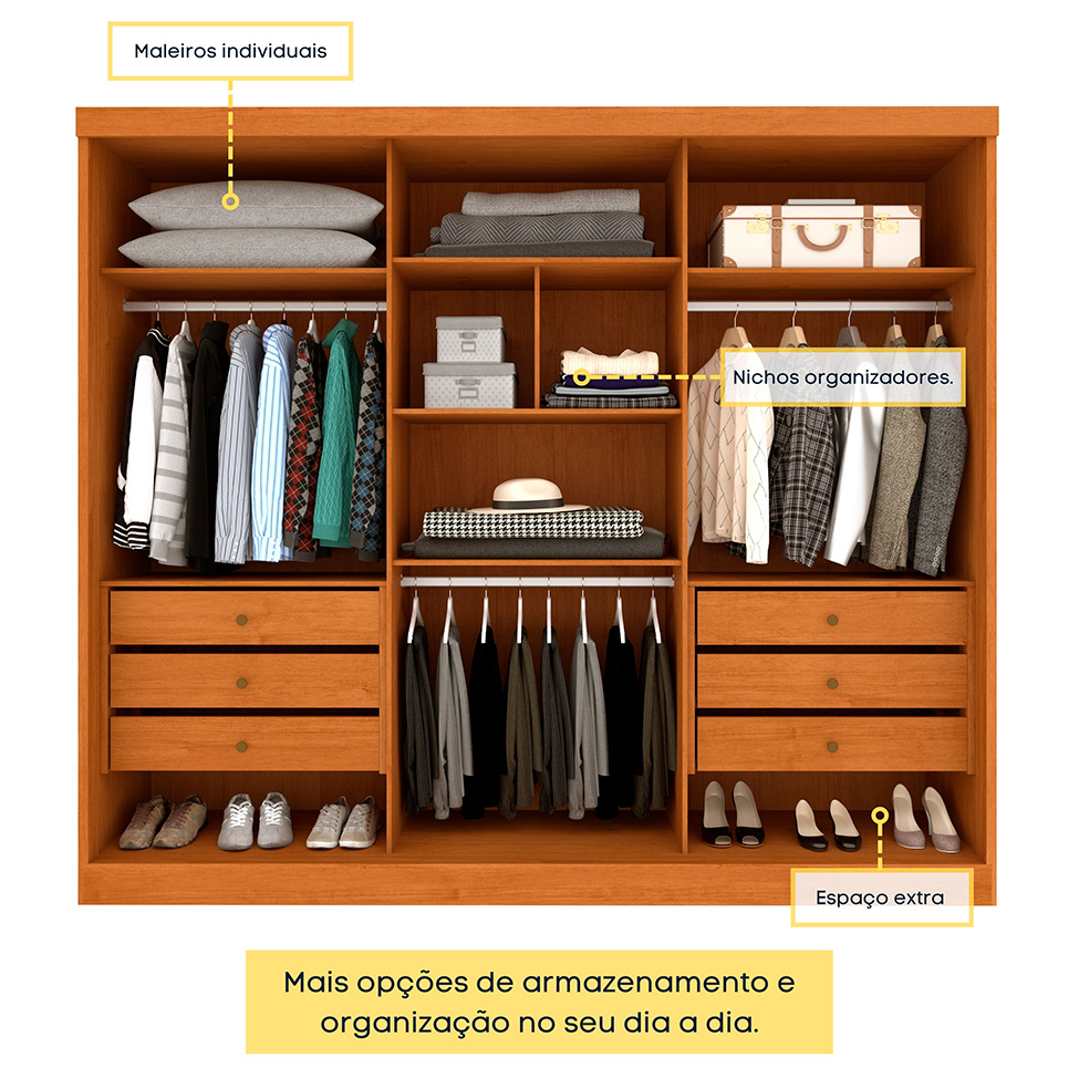Guarda-Roupa Casal com Espelho Monte Carlo Flex com Pés 3 Portas 6 Gavetas Neve