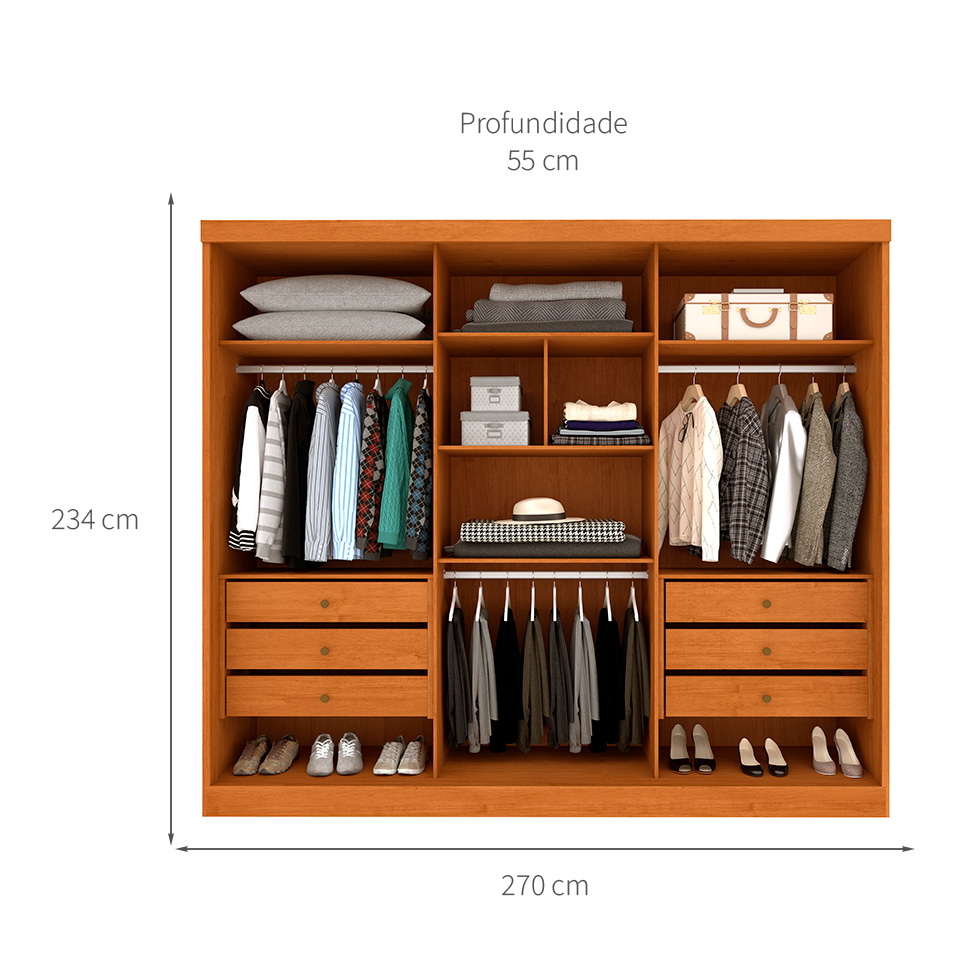 Guarda-Roupa Casal com Espelho Monte Carlo Flex sem Pés 3 Portas 6 Gavetas Neve