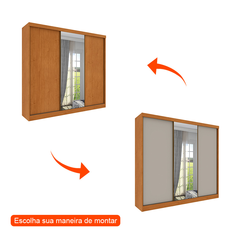 Guarda-Roupa Casal com Espelho Monte Carlo Flex sem Pés 3 Portas 6 Gavetas Neve
