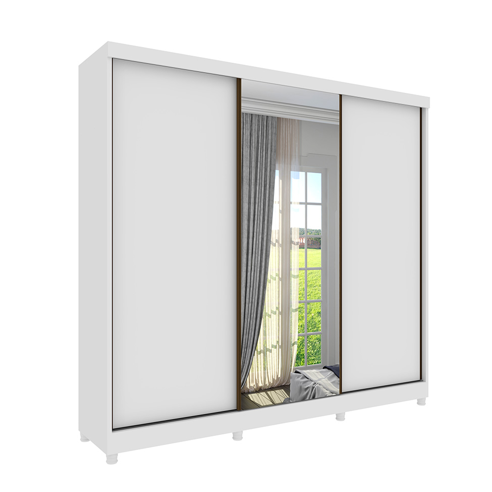 Guarda-Roupa Casal com Espelho Monte Carlo com Pés 3 Portas 6 Gavetas Neve