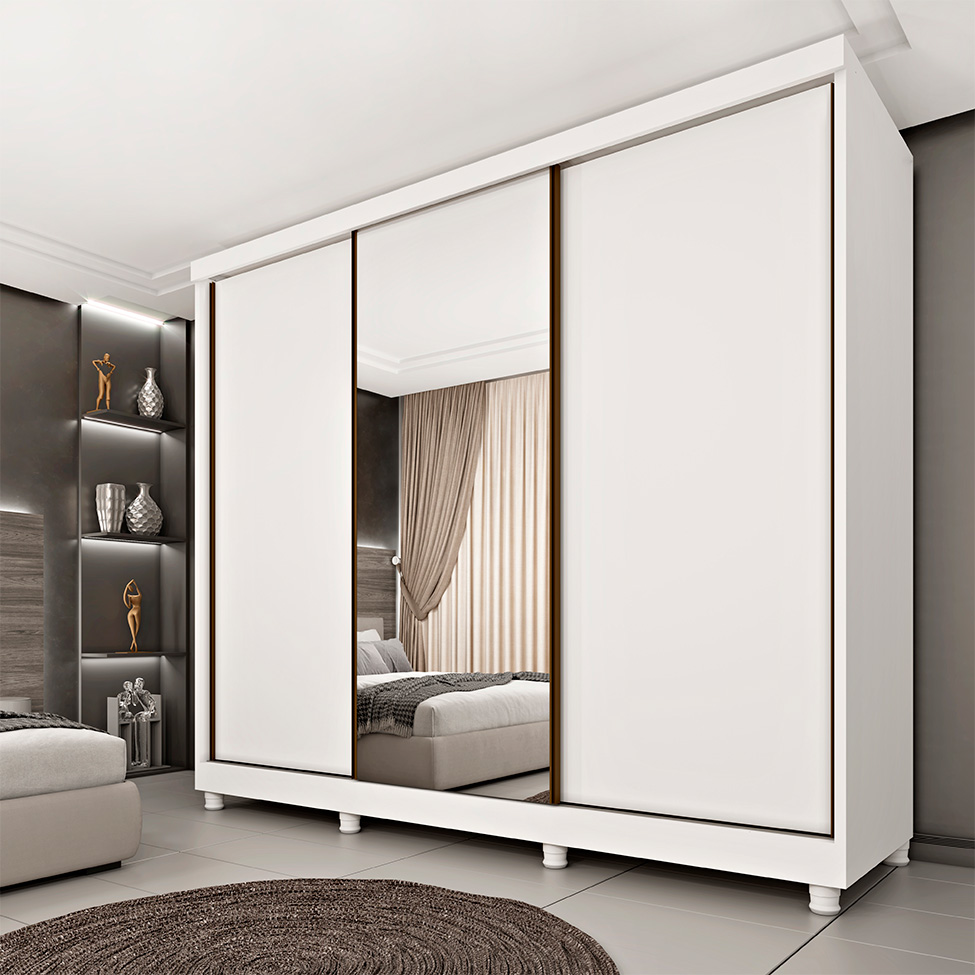 Guarda-Roupa Casal com Espelho Monte Carlo com Pés 3 Portas 6 Gavetas Neve