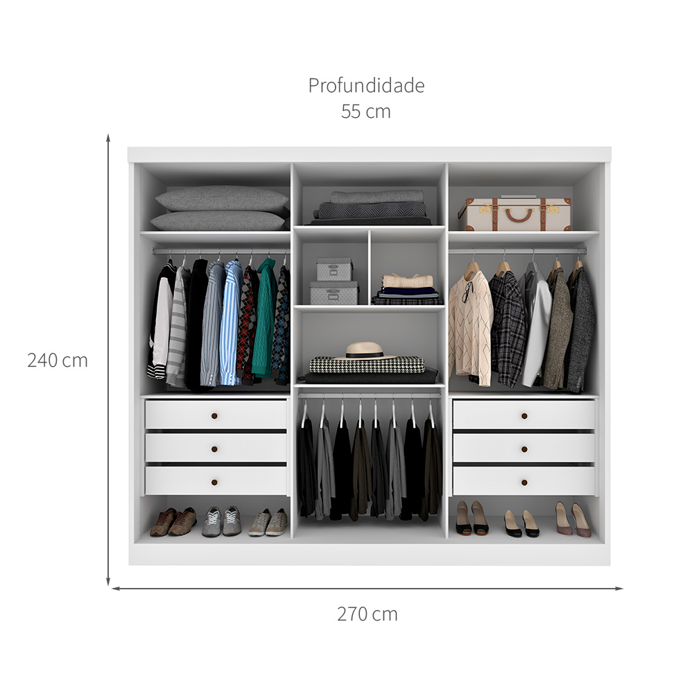 Guarda-Roupa Casal com Espelho Monte Carlo com Pés 3 Portas 6 Gavetas Neve