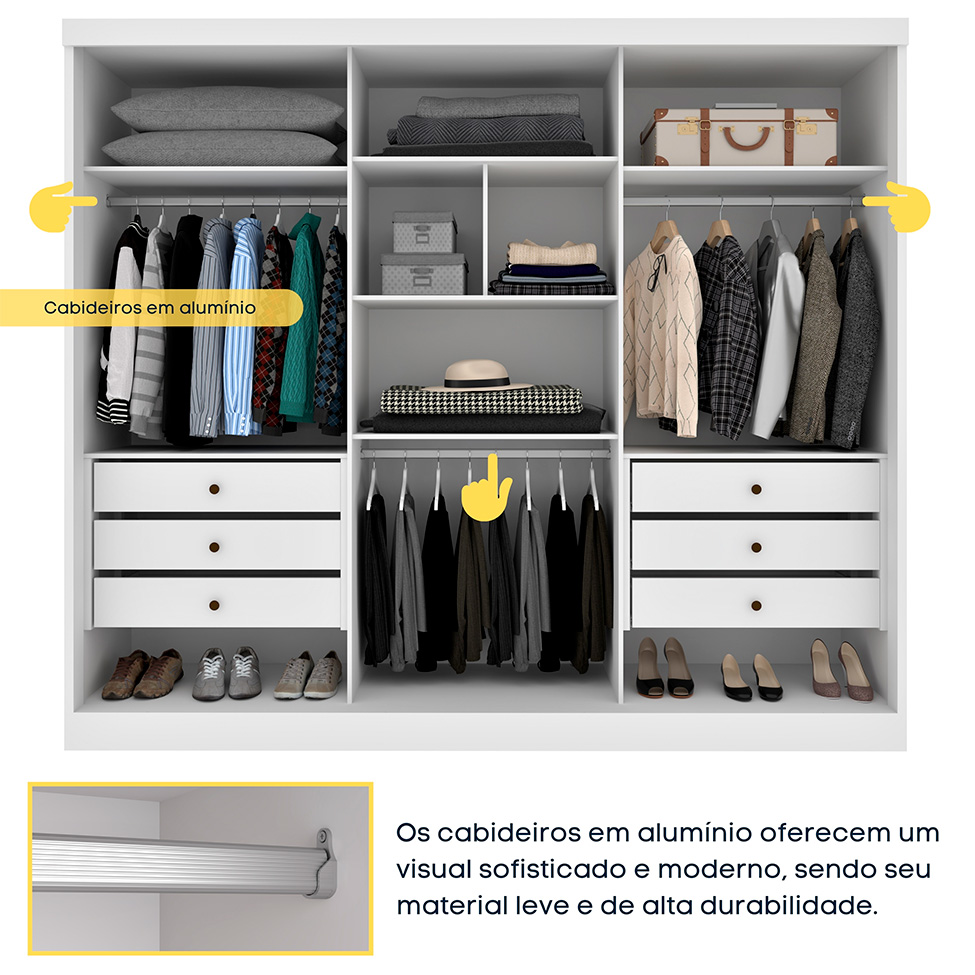 Guarda-Roupa Casal com Espelho Monte Carlo com Pés 3 Portas 6 Gavetas Neve