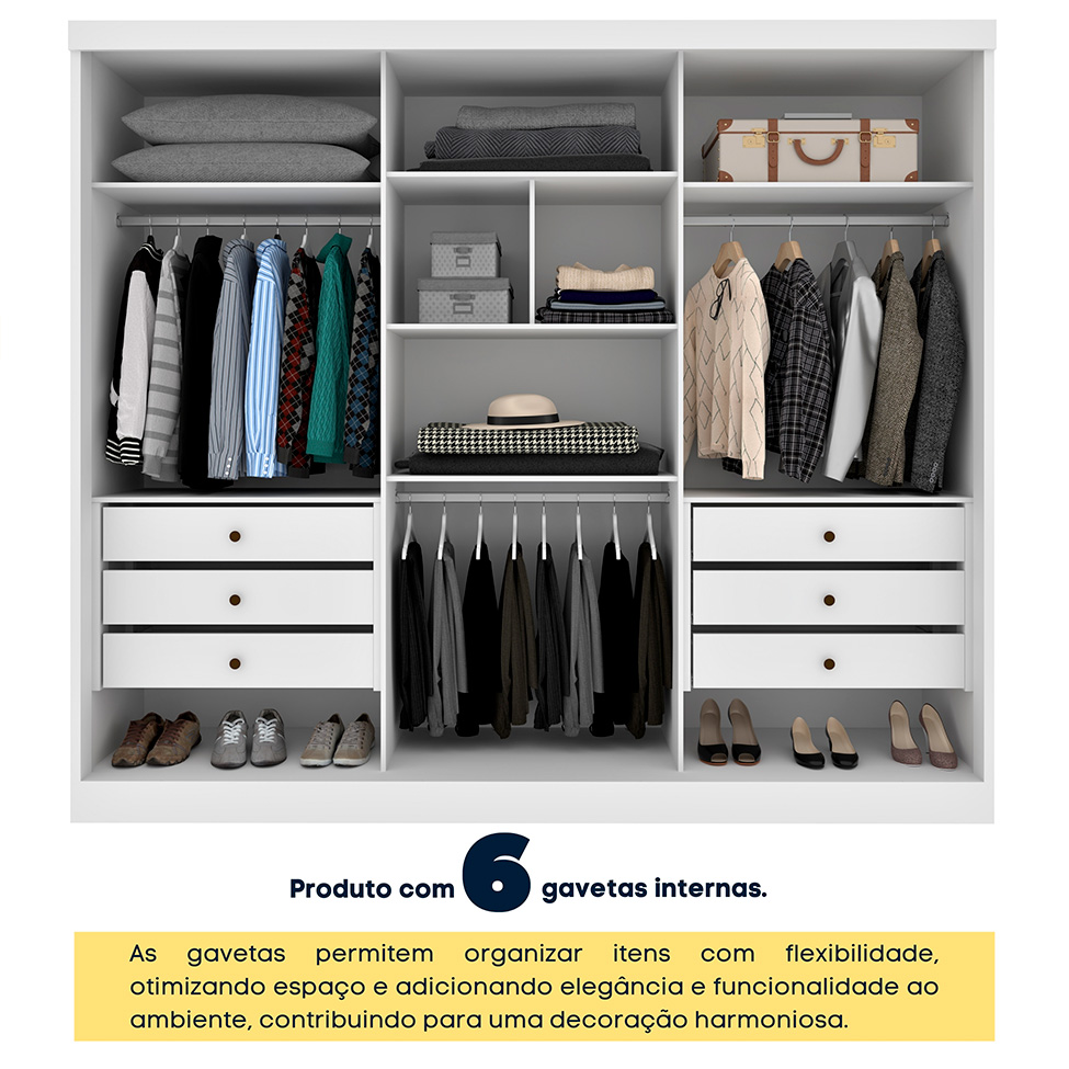 Guarda-Roupa Casal com Espelho Monte Carlo com Pés 3 Portas 6 Gavetas Neve