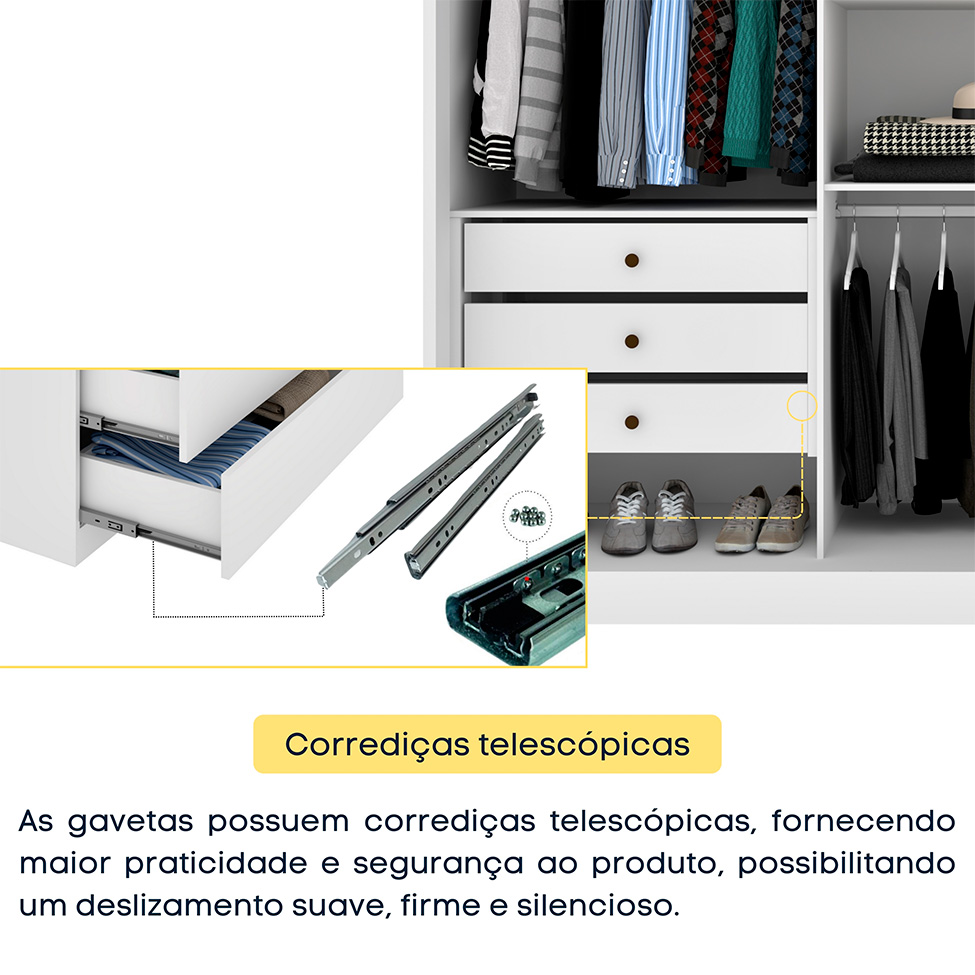 Guarda-Roupa Casal com Espelho Monte Carlo com Pés 3 Portas 6 Gavetas Neve