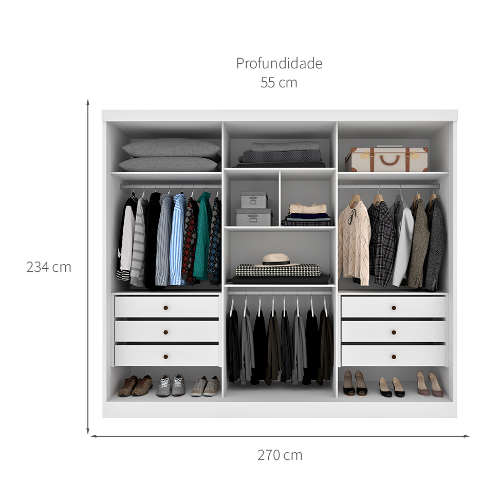 Guarda-Roupa Casal com Espelho Monte Carlo sem Pés 3 Portas 6 Gavetas Neve