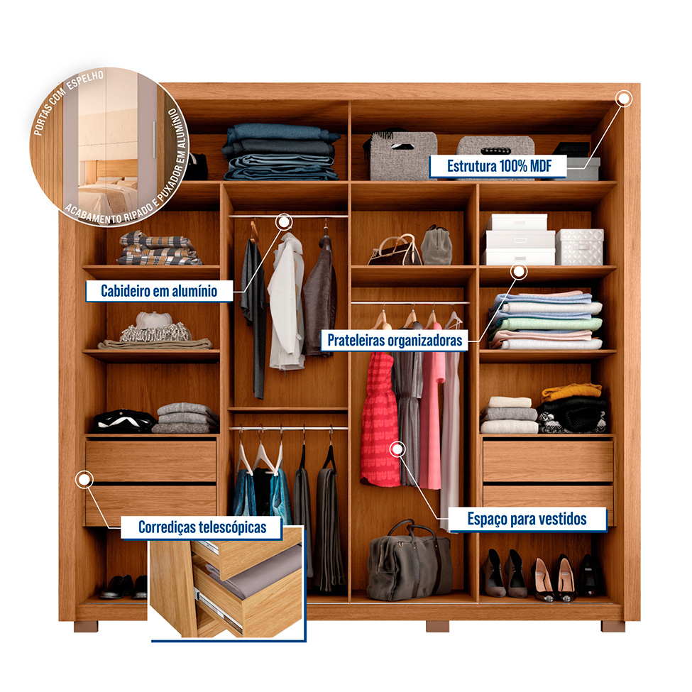 Guarda-Roupa Casal com Espelho Moviment 2 PT 4 GV Buriti e Fendi