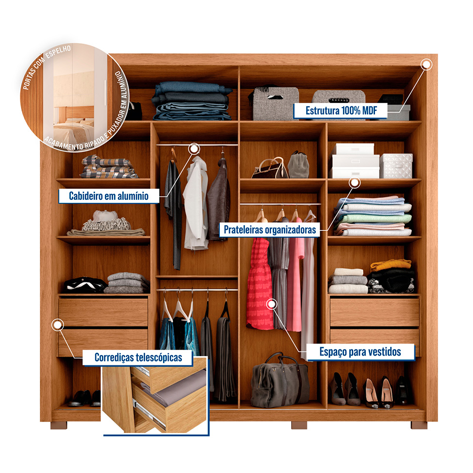Guarda-Roupa Casal com Espelho Moviment 2 Portas 4 Gavetas Freijó e Off White