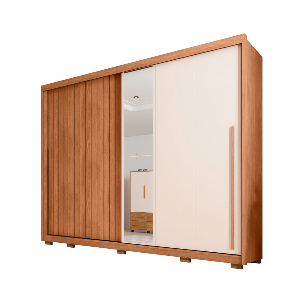 Guarda-Roupa Casal com Espelho Moviment Ripado Flex 2 Portas 6 Gavetas Freijó e Off White