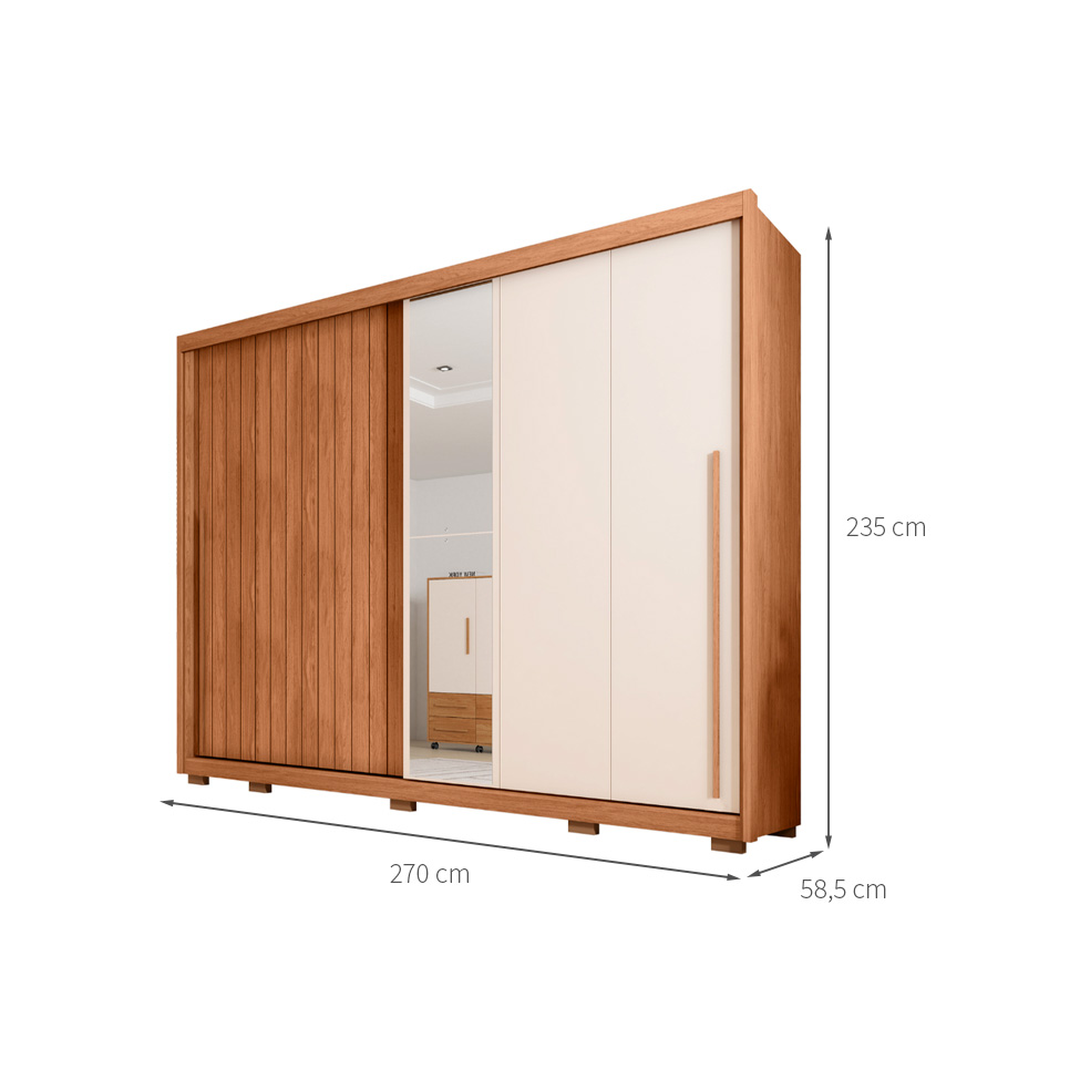 Guarda-Roupa Casal com Espelho Moviment Ripado Flex 2 Portas 6 Gavetas Freijó e Off White