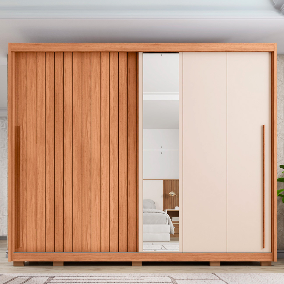 Guarda-Roupa Casal com Espelho Moviment Ripado Flex 2 Portas 6 Gavetas Freijó e Off White
