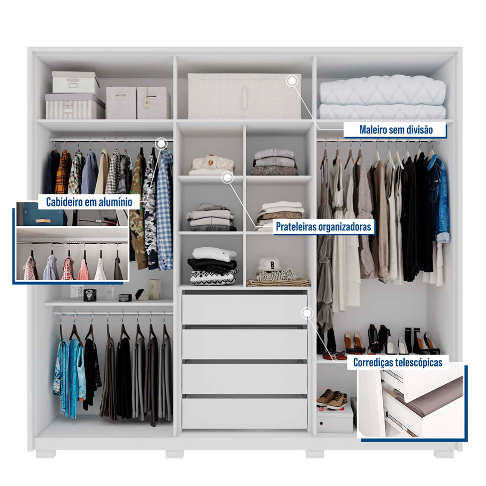 Guarda-Roupa Casal com Espelho Mozart 6 Portas 4 Gavetas Branco