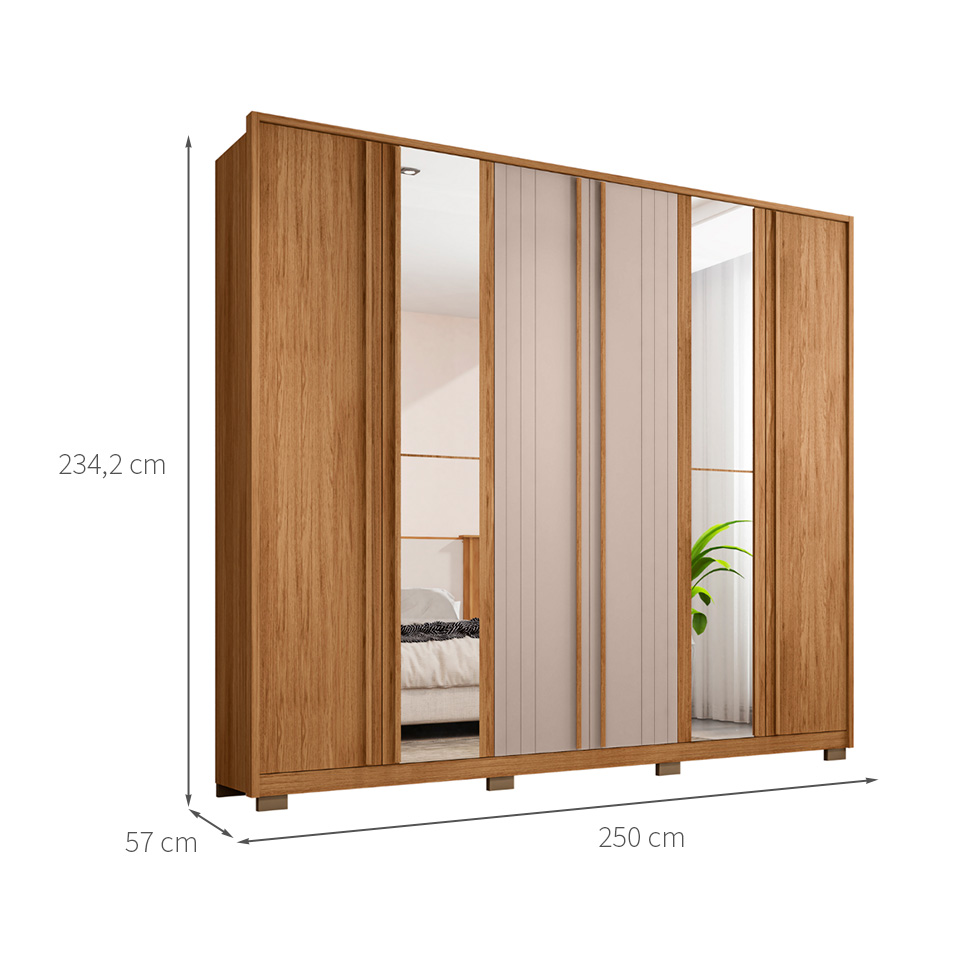 Guarda-Roupa Casal com Espelho Mozart 6 Portas 4 Gavetas Buriti e Fendi