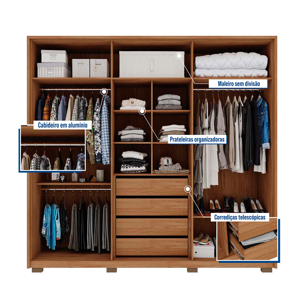 Guarda-Roupa Casal com Espelho Mozart 6 Portas 4 Gavetas Buriti e Fendi