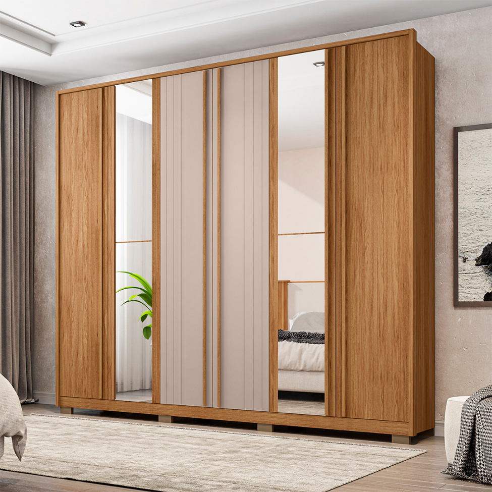 Guarda-Roupa Casal com Espelho Mozart 6 Portas 4 Gavetas Buriti e Fendi