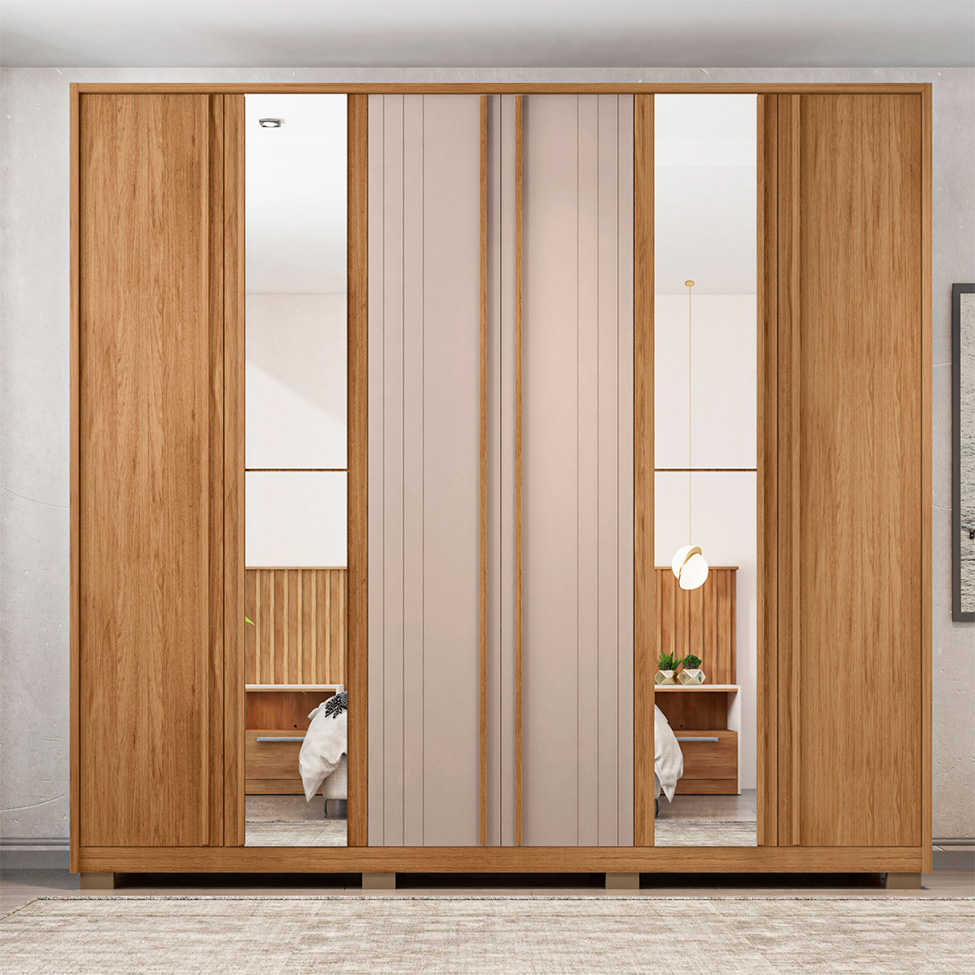 Guarda-Roupa Casal com Espelho Mozart 6 Portas 4 Gavetas Buriti e Fendi