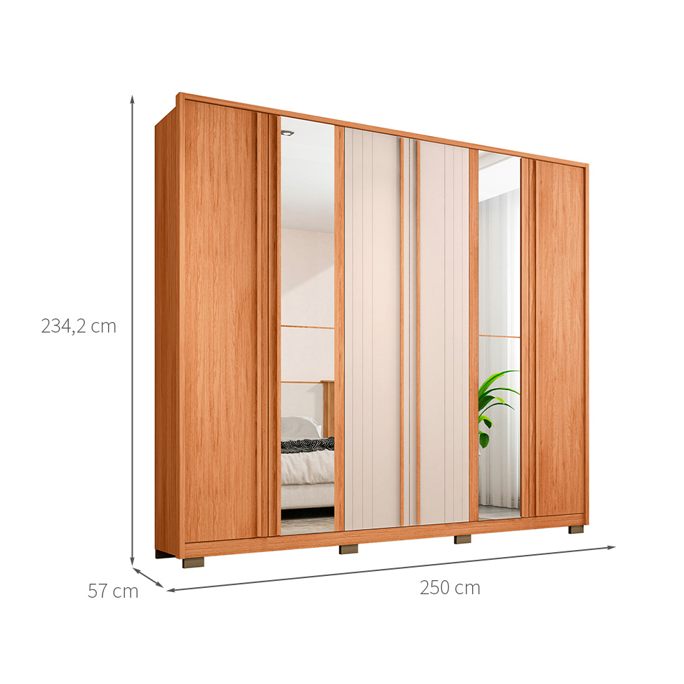 Guarda-Roupa Casal com Espelho Mozart 6 Portas 4 Gavetas Freijó e Off White