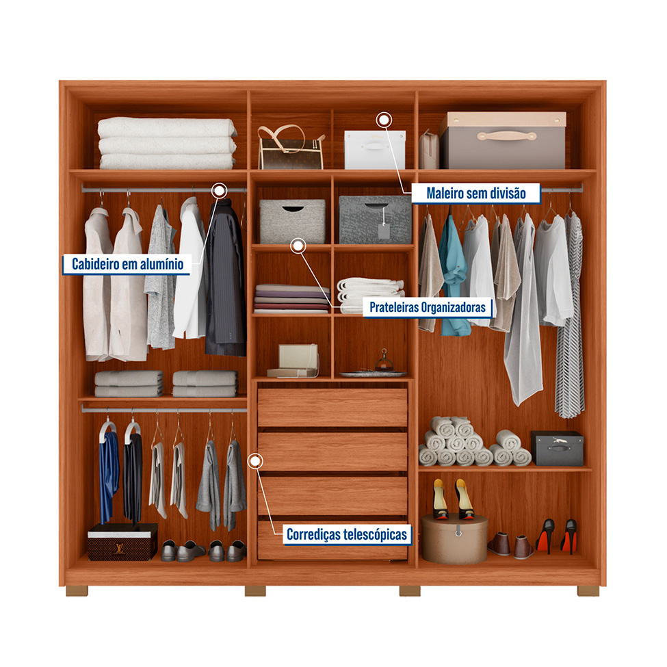 Guarda-Roupa Casal com Espelho Mozart 6 Portas 4 Gavetas Freijó e Off White