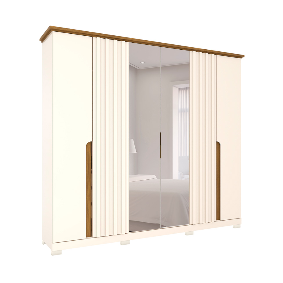 Guarda-Roupa Casal com Espelho Napoli 6 Portas 6 Gavetas Off White e Nature