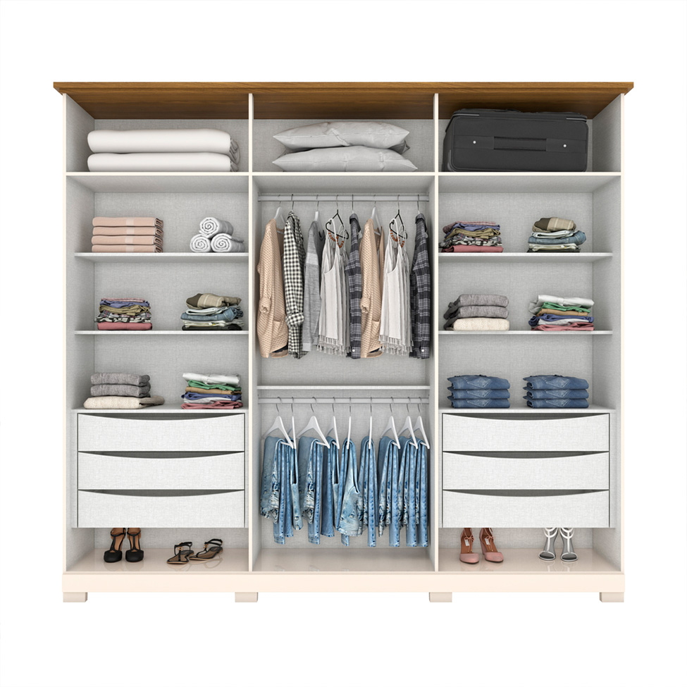 Guarda-Roupa Casal com Espelho Napoli 6 Portas 6 Gavetas Off White e Nature