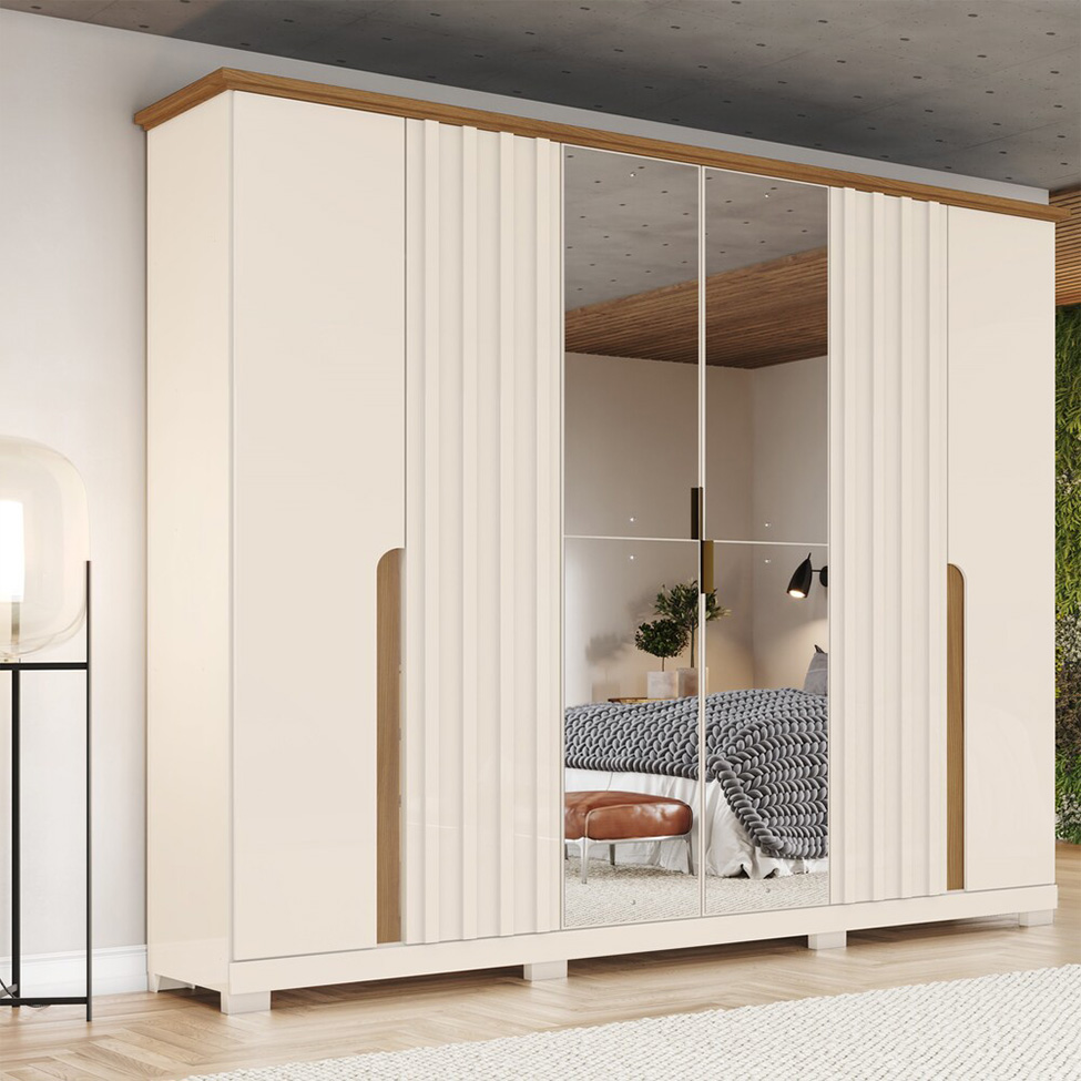 Guarda-Roupa Casal com Espelho Napoli 6 Portas 6 Gavetas Off White e Nature
