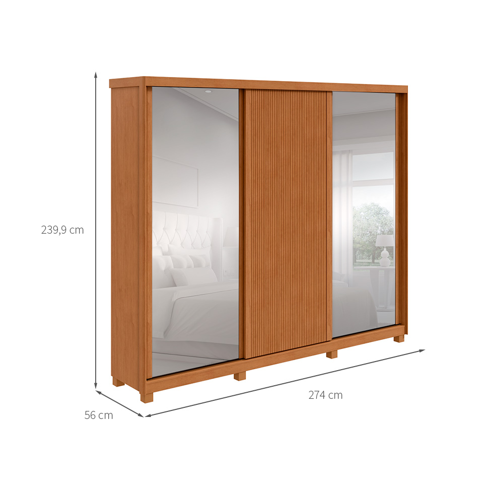 Guarda-Roupa Casal com Espelho Ollie com Pés 3 Portas 6 Gavetas Amêndoa