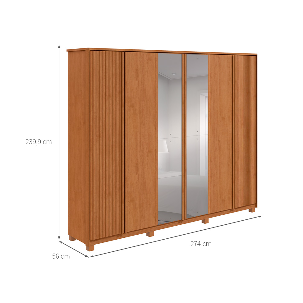Guarda-Roupa Casal com Espelho Ollie com Pés 6 Portas 6 Gavetas Amêndoa
