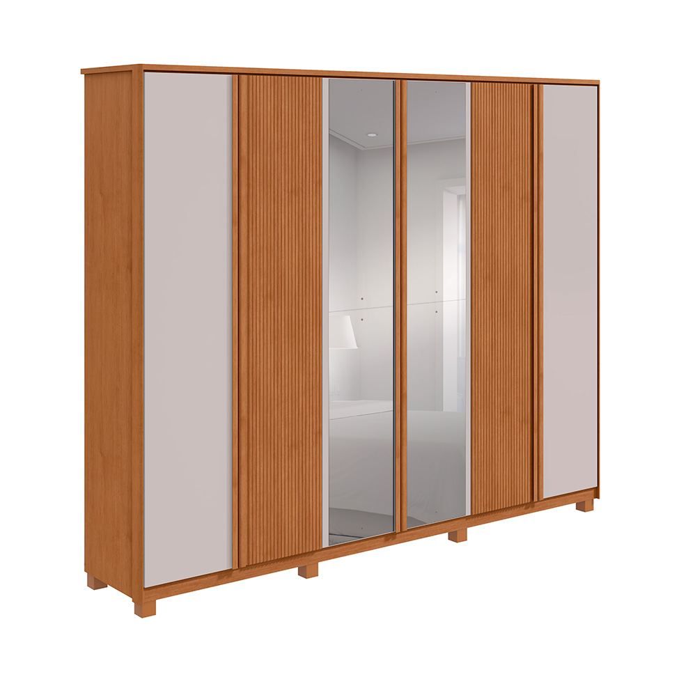 Guarda-Roupa Casal com Espelho Ollie com Pés 6 Portas 6 Gavetas Amêndoa e Off White