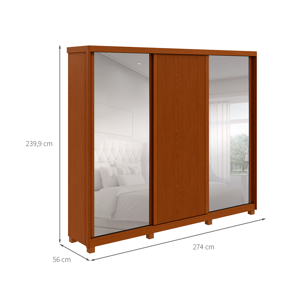 Guarda-Roupa Casal com Espelho Ollie com pés 3 Portas 6 Gavetas Frassino