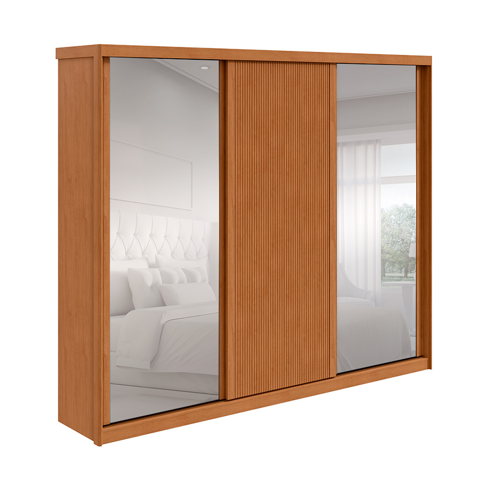 Guarda-Roupa Casal com Espelho Ollie sem Pés 3 Portas 6 Gavetas Amêndoa