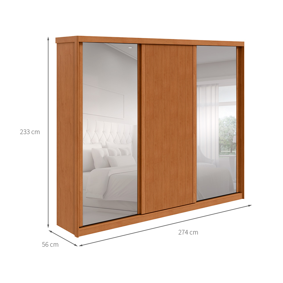 Guarda-Roupa Casal com Espelho Ollie sem Pés 3 Portas 6 Gavetas Amêndoa