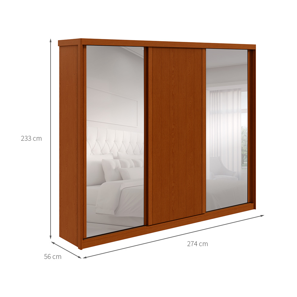 Guarda-Roupa Casal com Espelho Ollie sem Pés 3 Portas 6 Gavetas Frassino