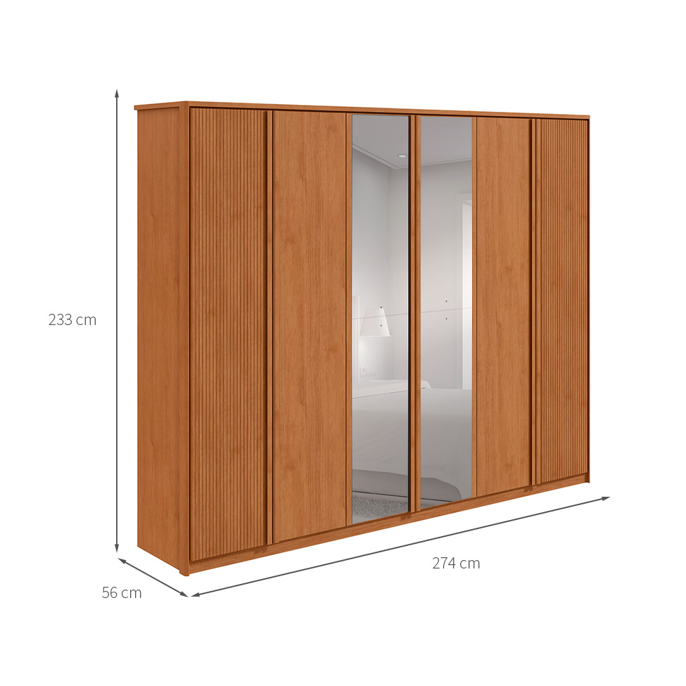 Guarda-Roupa Casal com Espelho Ollie sem Pés 6 Portas 6 Gavetas Amêndoa