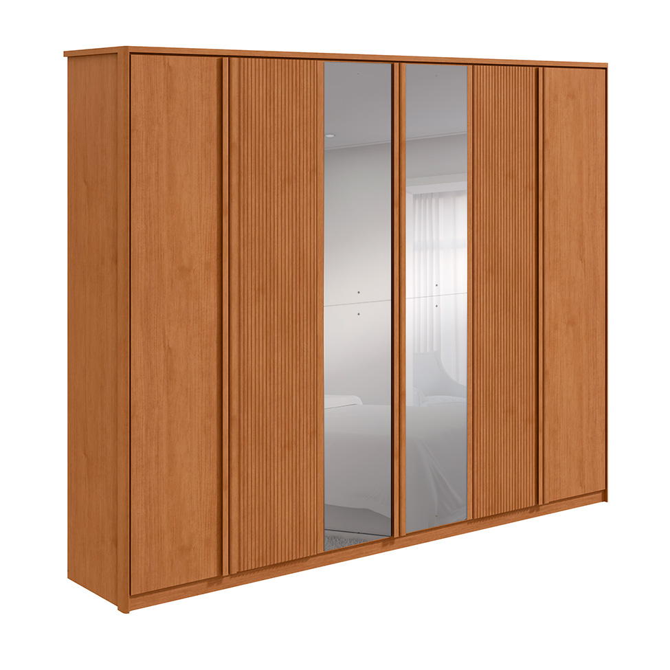 Guarda-Roupa Casal com Espelho Ollie sem Pés 6 Portas 6 Gavetas Amêndoa