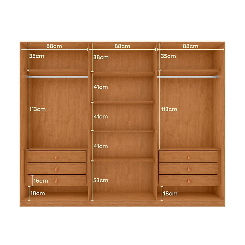 Guarda-Roupa Casal com Espelho Ollie sem Pés 6 Portas 6 Gavetas Amêndoa